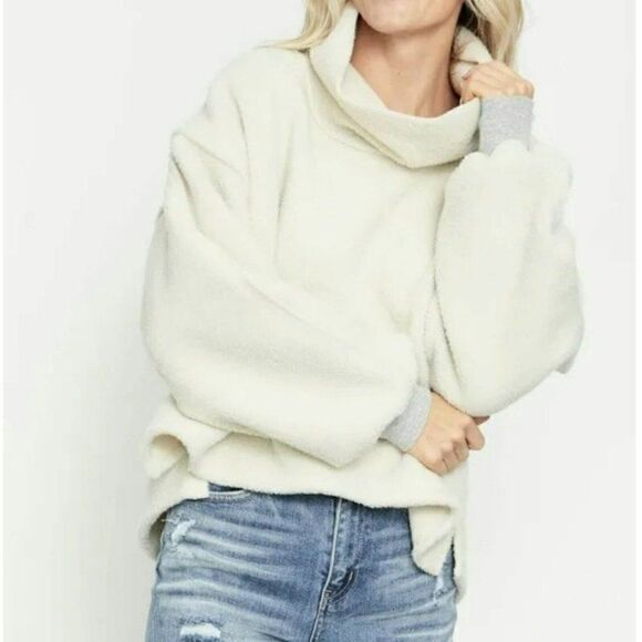 Free People - L - Women's Elk Mountain Fleece Pullover  Opal Silk Ivory Funnel - Picture 3 of 6